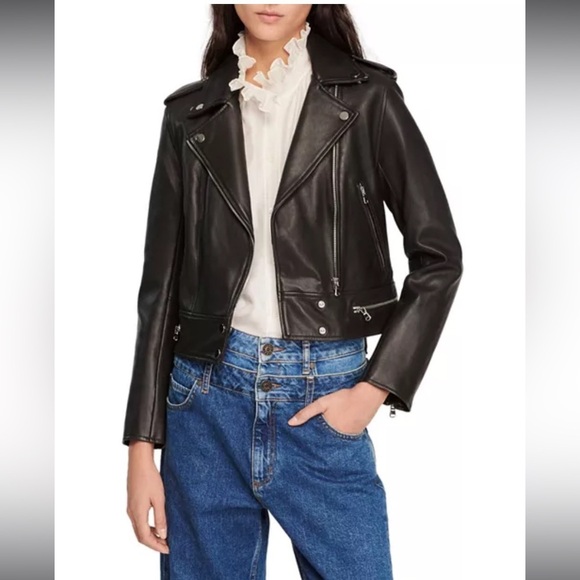 Sandro Paris Cropped Leather Jacket black classic moto revolve designer spring - Picture 1 of 11